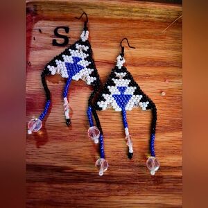 Seed Bead Handmade Earrings Blue and Black W/ Dangling Swvoraski Crystal Accents